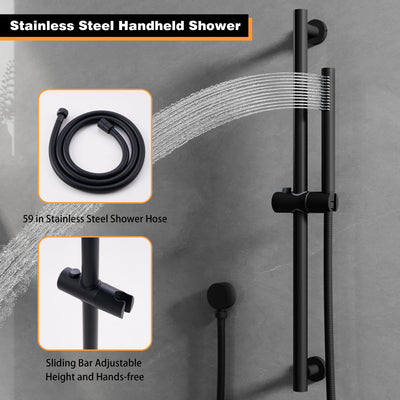 Wall-Mounted 10” Round Shower Set with Sliding Bar, Ultra-Thin Body Jets & Hand Shower, 3-Way Pressure Balance Valve, 304 Stainless Steel