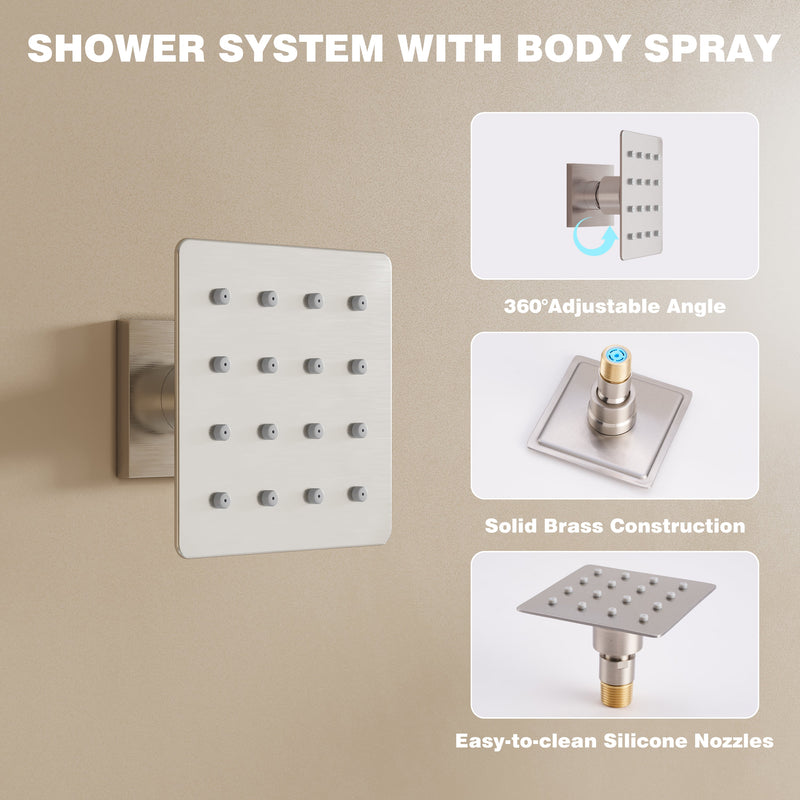 12-Inch Thermostatic Ceiling-Mount Shower System with Handheld & Square Body Jets, Luxury 3-Function Set, Vernet Cartridge