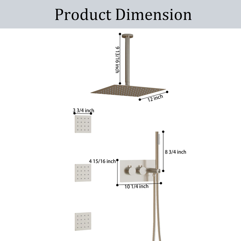 12-Inch Thermostatic Ceiling-Mount Shower System with Handheld & Square Body Jets, Luxury 3-Function Set, Vernet Cartridge