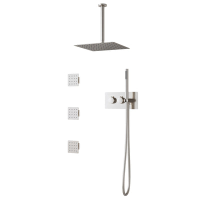 12-Inch Thermostatic Ceiling-Mount Shower System with Handheld & Square Body Jets, Luxury 3-Function Set, Vernet Cartridge