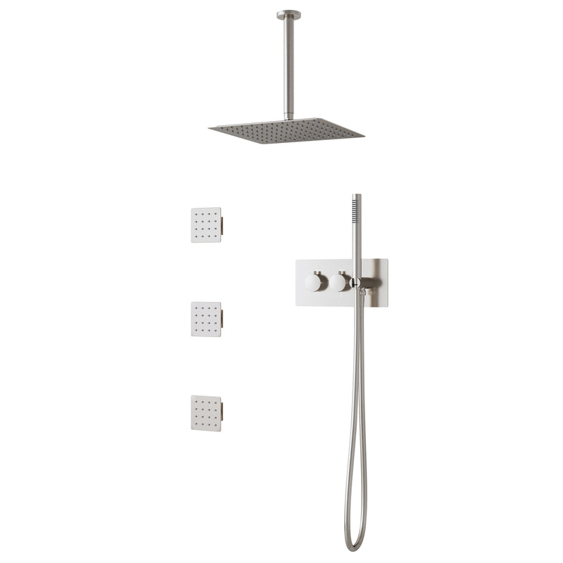 12-Inch Thermostatic Ceiling-Mount Shower System with Handheld & Square Body Jets, Luxury 3-Function Set, Vernet Cartridge