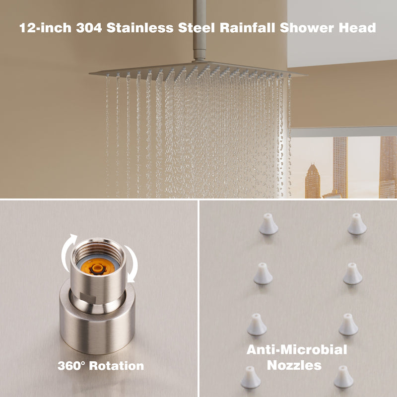 12-Inch Thermostatic Ceiling-Mount Shower System with Handheld & Square Body Jets, Luxury 3-Function Set, Vernet Cartridge