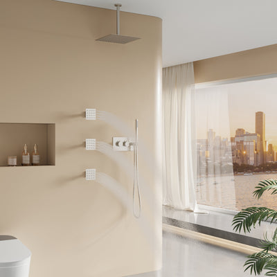 12-Inch Thermostatic Ceiling-Mount Shower System with Handheld & Square Body Jets, Luxury 3-Function Set, Vernet Cartridge