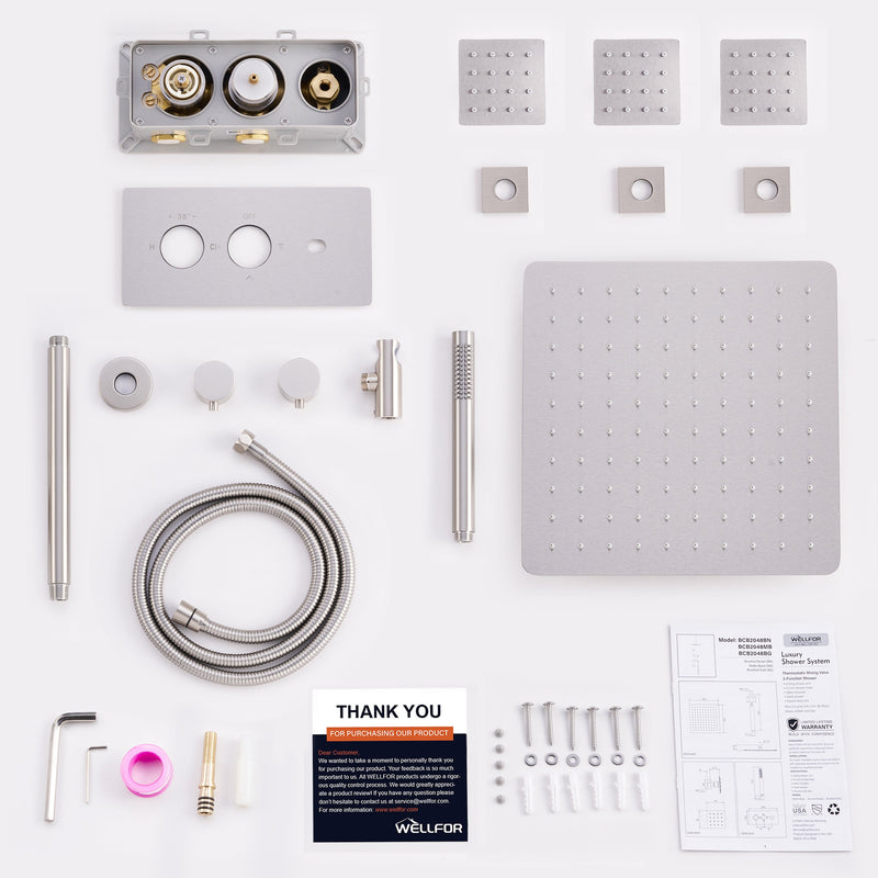 12-Inch Thermostatic Ceiling-Mount Shower System with Handheld & Square Body Jets, Luxury 3-Function Set, Vernet Cartridge