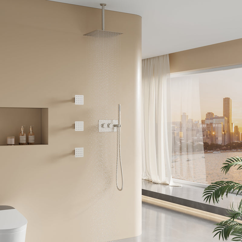 12-Inch Thermostatic Ceiling-Mount Shower System with Handheld & Square Body Jets, Luxury 3-Function Set, Vernet Cartridge