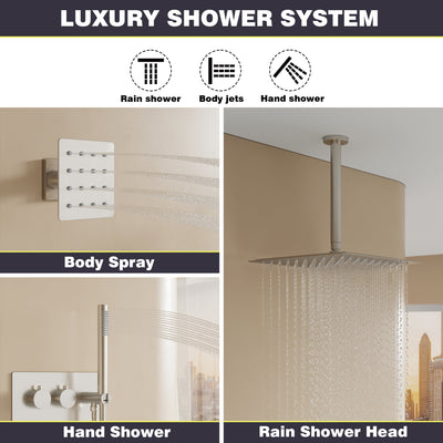 12-Inch Thermostatic Ceiling-Mount Shower System with Handheld & Square Body Jets, Luxury 3-Function Set, Vernet Cartridge