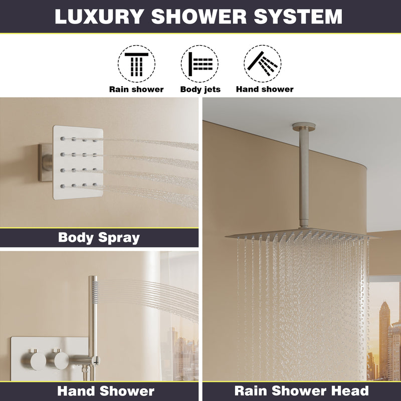 12-Inch Thermostatic Ceiling-Mount Shower System with Handheld & Square Body Jets, Luxury 3-Function Set, Vernet Cartridge