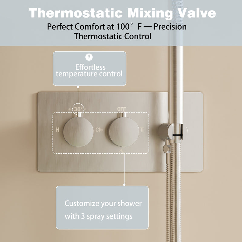 12-Inch Thermostatic Ceiling-Mount Shower System with Handheld & Square Body Jets, Luxury 3-Function Set, Vernet Cartridge