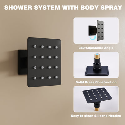 12-Inch Thermostatic Ceiling-Mount Shower System with Handheld & Square Body Jets, Luxury 3-Function Set, Vernet Cartridge