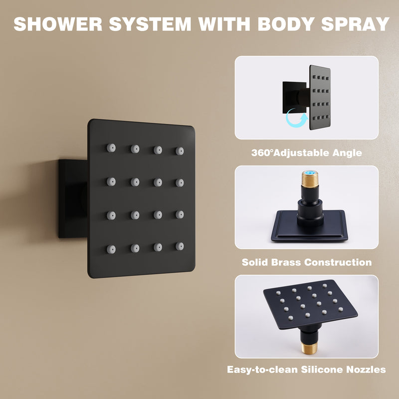 12-Inch Thermostatic Ceiling-Mount Shower System with Handheld & Square Body Jets, Luxury 3-Function Set, Vernet Cartridge