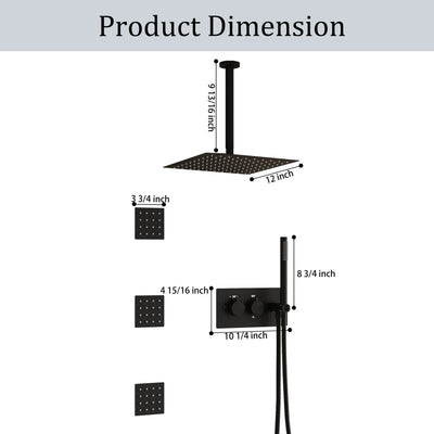 12-Inch Thermostatic Ceiling-Mount Shower System with Handheld & Square Body Jets, Luxury 3-Function Set, Vernet Cartridge