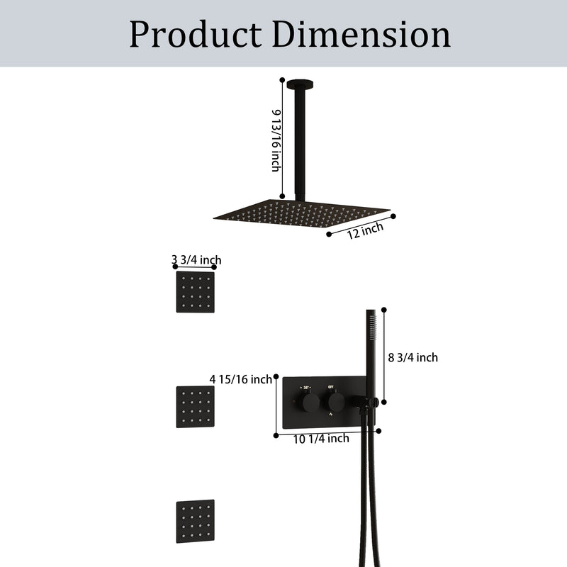 12-Inch Thermostatic Ceiling-Mount Shower System with Handheld & Square Body Jets, Luxury 3-Function Set, Vernet Cartridge