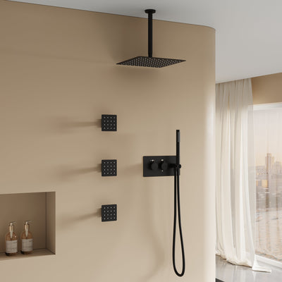 12-Inch Thermostatic Ceiling-Mount Shower System with Handheld & Square Body Jets, Luxury 3-Function Set, Vernet Cartridge