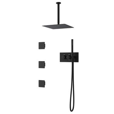 12-Inch Thermostatic Ceiling-Mount Shower System with Handheld & Square Body Jets, Luxury 3-Function Set, Vernet Cartridge