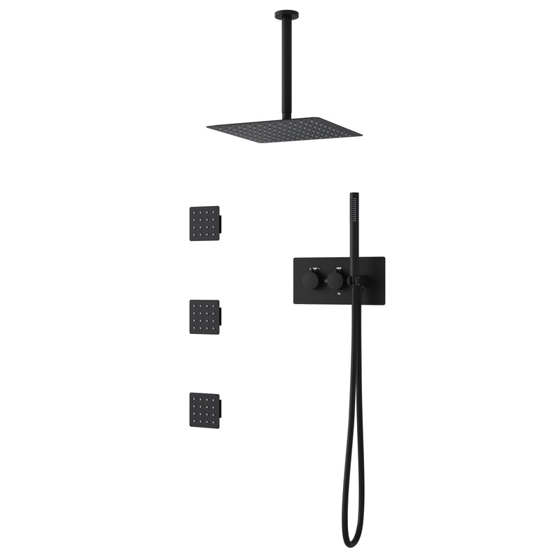 12-Inch Thermostatic Ceiling-Mount Shower System with Handheld & Square Body Jets, Luxury 3-Function Set, Vernet Cartridge