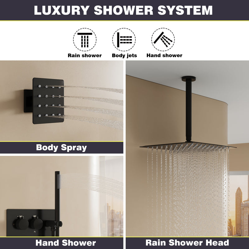 12-Inch Thermostatic Ceiling-Mount Shower System with Handheld & Square Body Jets, Luxury 3-Function Set, Vernet Cartridge