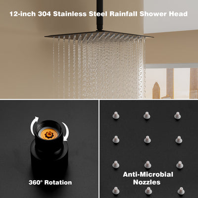 12-Inch Thermostatic Ceiling-Mount Shower System with Handheld & Square Body Jets, Luxury 3-Function Set, Vernet Cartridge