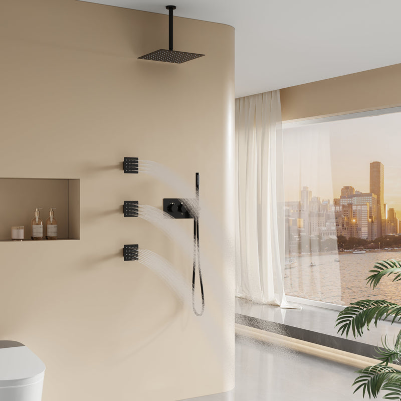 12-Inch Thermostatic Ceiling-Mount Shower System with Handheld & Square Body Jets, Luxury 3-Function Set, Vernet Cartridge