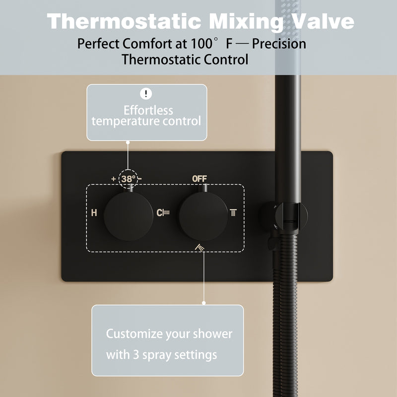 12-Inch Thermostatic Ceiling-Mount Shower System with Handheld & Square Body Jets, Luxury 3-Function Set, Vernet Cartridge