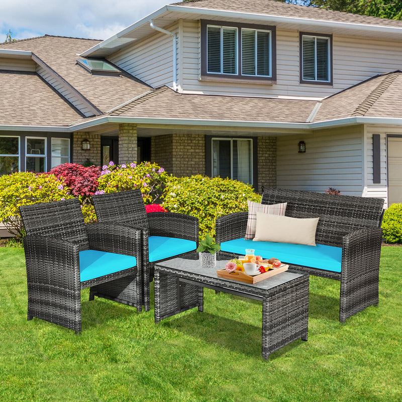 4 Pieces Patio Rattan Furniture Set with Glass Table and Loveseat