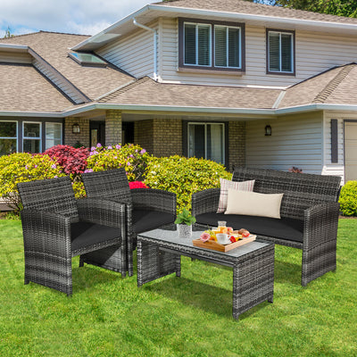 4 Pieces Patio Rattan Furniture Set with Glass Table and Loveseat