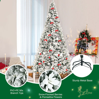 5'/ 6'/ 7'/ 8' Snow Flocked Hinged Christmas Tree with Berries and Poinsettia Flowers