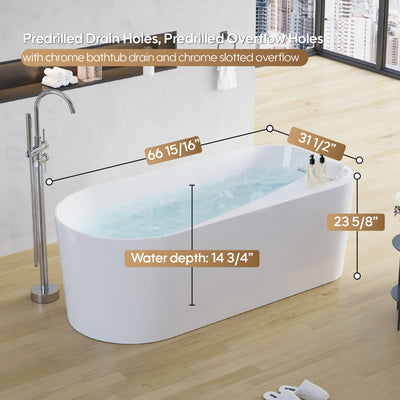 67inch Freestanding Acrylic Bathtub Contemporary Soaking Tub in Glossy White