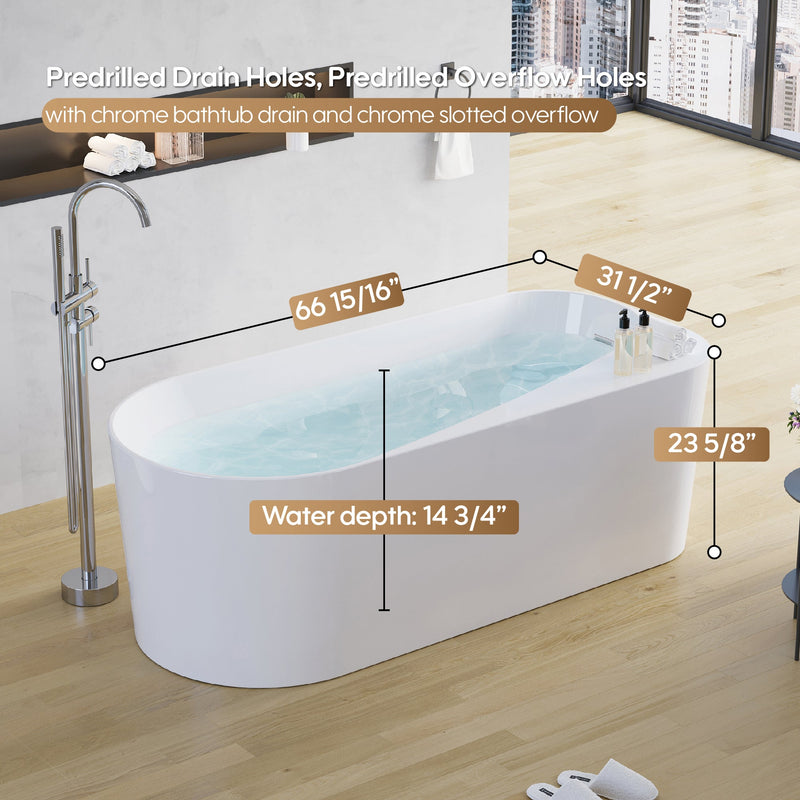 67inch Freestanding Acrylic Bathtub Contemporary Soaking Tub in Glossy White