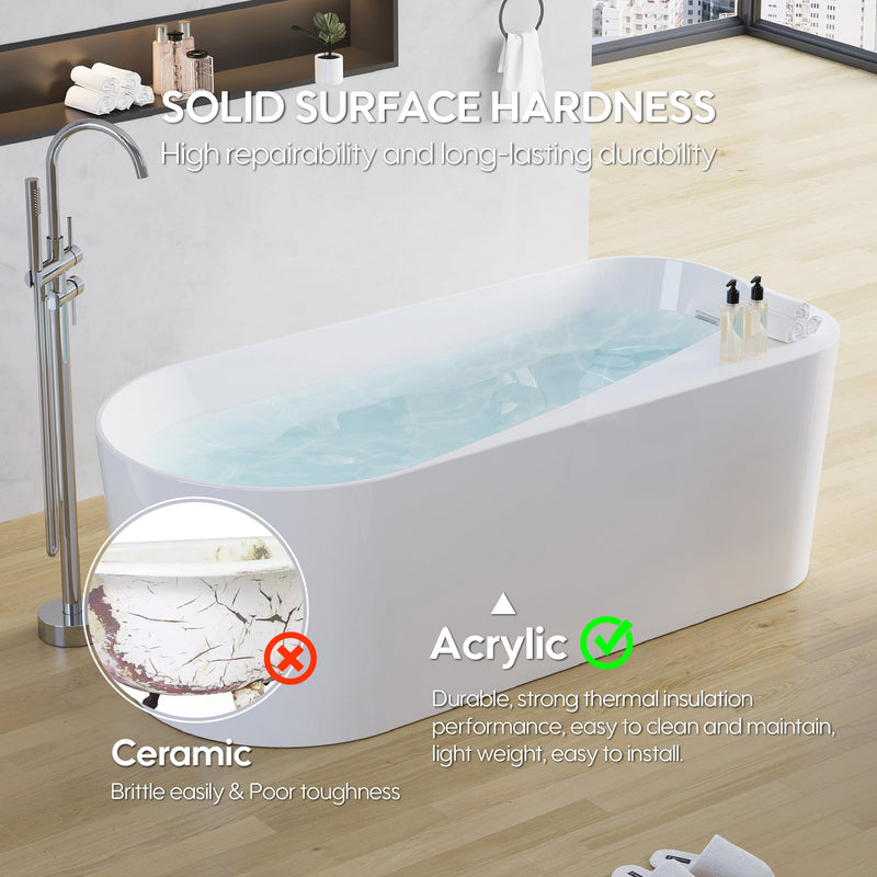67inch Freestanding Acrylic Bathtub Contemporary Soaking Tub in Glossy White