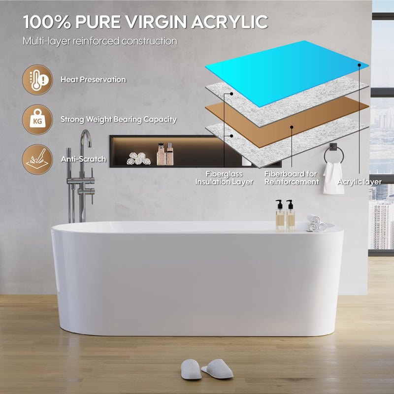 67inch Freestanding Acrylic Bathtub Contemporary Soaking Tub in Glossy White