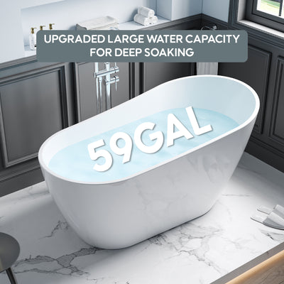 59 Freestanding Glossy White Acrylic Bathtub with Chrome Drain and Overflow