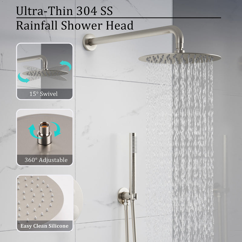 2-Function Pressure Balance Shower System with 10-Inch Rainfall Shower Head & Handheld, 304 Stainless Steel, Brushed Nickel