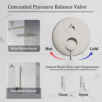 2-Function Pressure Balance Shower System with 10-Inch Rainfall Shower Head & Handheld, 304 Stainless Steel, Brushed Nickel