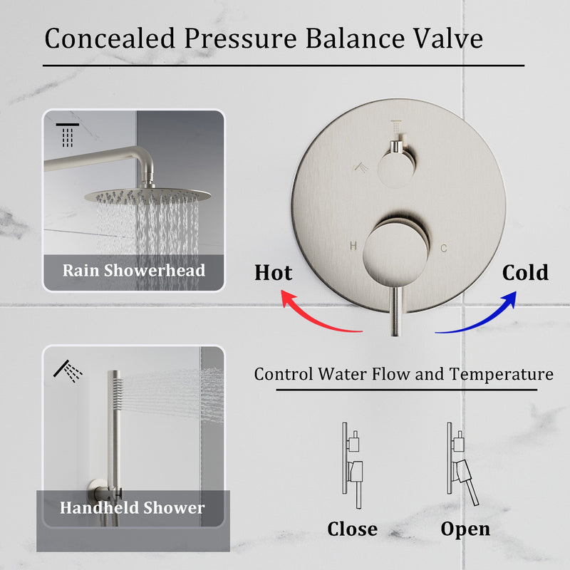 2-Function Pressure Balance Shower System with 10-Inch Rainfall Shower Head & Handheld, 304 Stainless Steel, Brushed Nickel