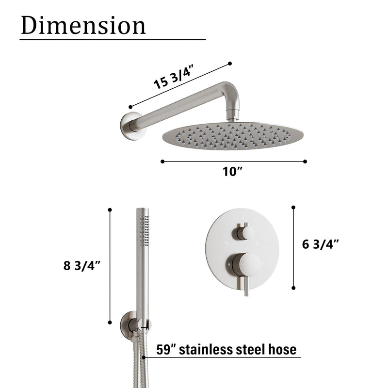 2-Function Pressure Balance Shower System with 10-Inch Rainfall Shower Head & Handheld, 304 Stainless Steel, Brushed Nickel