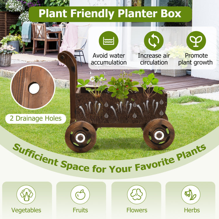 Decorative Wooden Wagon Cart with Handle Wheels and Drainage Hole