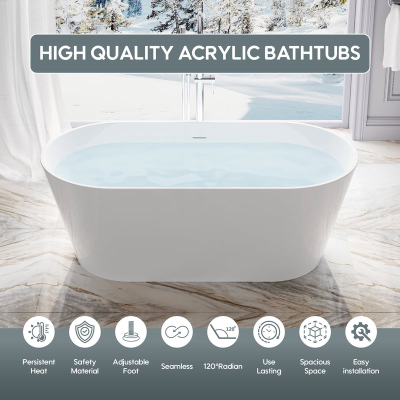 60 Freestanding Glossy White Acrylic Bathtub with Chrome Drain and Overflow