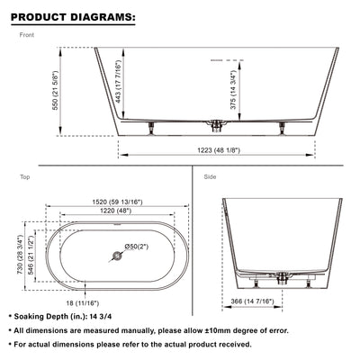 60 Freestanding Glossy White Acrylic Bathtub with Chrome Drain and Overflow