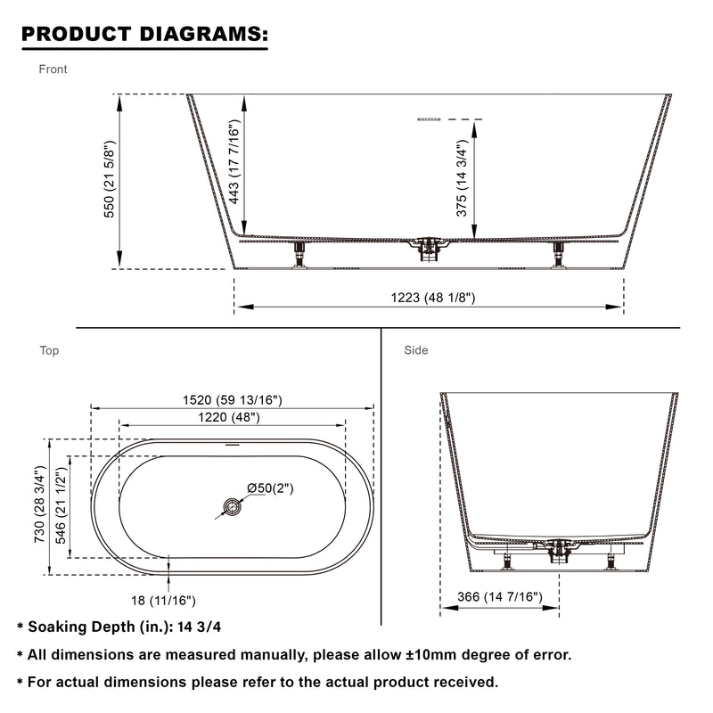60 Freestanding Glossy White Acrylic Bathtub with Chrome Drain and Overflow