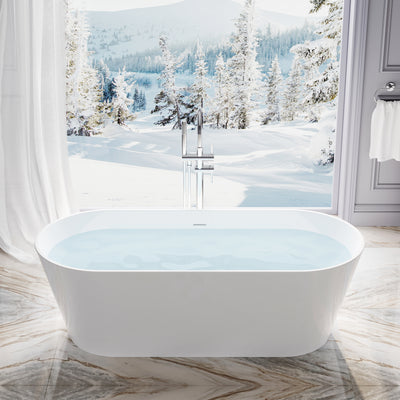 67 Freestanding Glossy White Acrylic Bathtub with Chrome Drain and Overflow