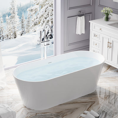 67 Freestanding Glossy White Acrylic Bathtub with Chrome Drain and Overflow