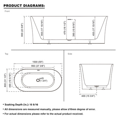 59 Acrylic Freestanding Soaking Bathtub in White with Overflow and Drain