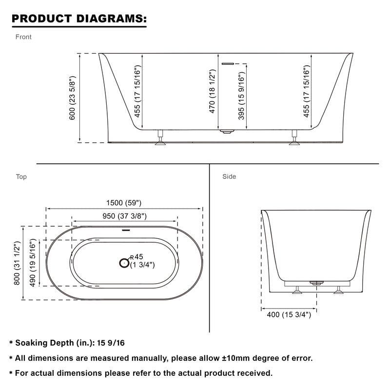 59 Acrylic Freestanding Soaking Bathtub in White with Overflow and Drain