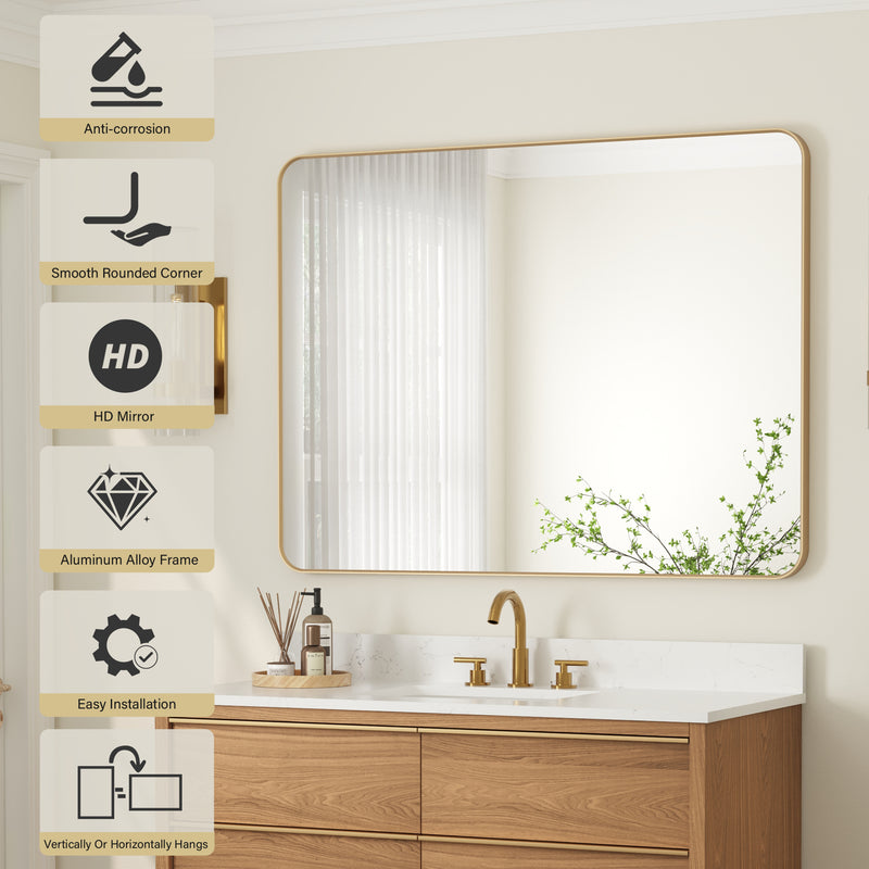 48-in W x 36-in H Brushed Gold Rectangular Framed Bathroom Vanity Mirror