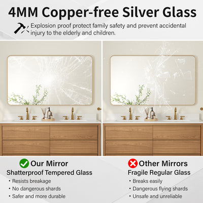 55-in W x 32-in H Brushed Gold Rectangular Framed Bathroom Vanity Mirror