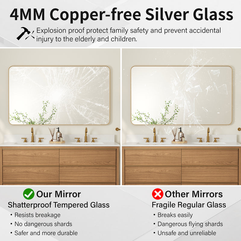 55-in W x 32-in H Brushed Gold Rectangular Framed Bathroom Vanity Mirror
