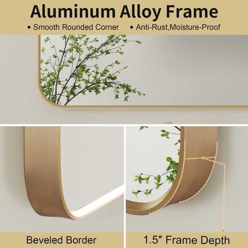55-in W x 32-in H Brushed Gold Rectangular Framed Bathroom Vanity Mirror
