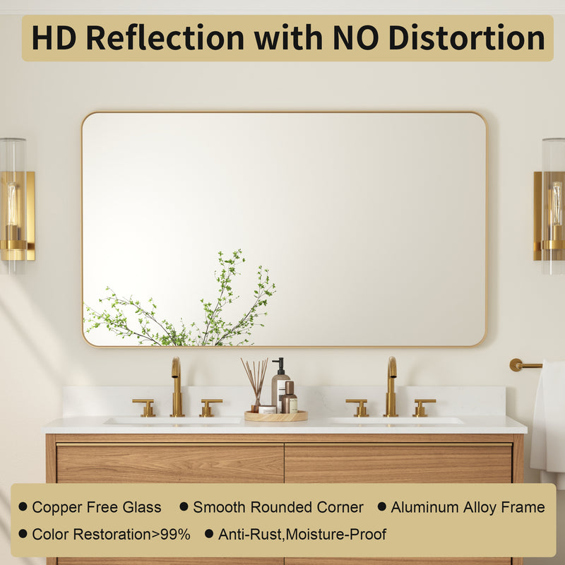 55-in W x 32-in H Brushed Gold Rectangular Framed Bathroom Vanity Mirror