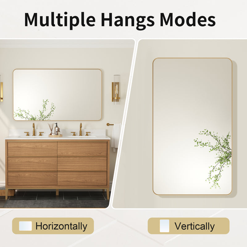 55-in W x 32-in H Brushed Gold Rectangular Framed Bathroom Vanity Mirror