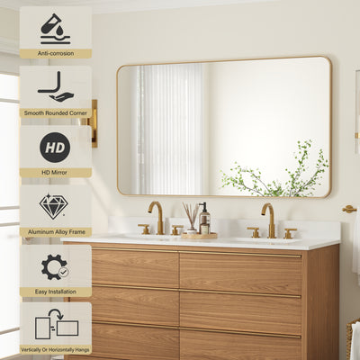 55-in W x 32-in H Brushed Gold Rectangular Framed Bathroom Vanity Mirror